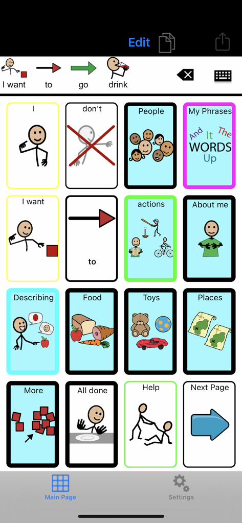 TalkTablet PRO AAC-App Kommunikationsgitter mit SymbolStix-Symbolen und Wortschaltflächen
