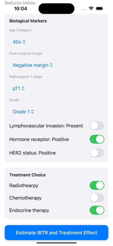 Interface of the IBTR Risk Estimation app showing clinical input fields for biological markers and treatment selections.