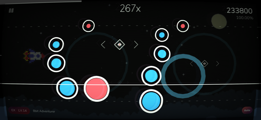 Cytoid mobile rhythm game interface showing scanner style gameplay with circular notes and combo counter