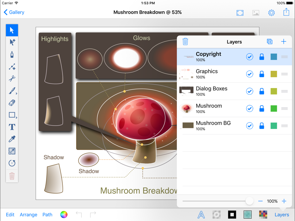 inkPad 2 - Una ilustración vectorial de un hongo en la app inkPad 2 mostrando el panel de gestión de capas.