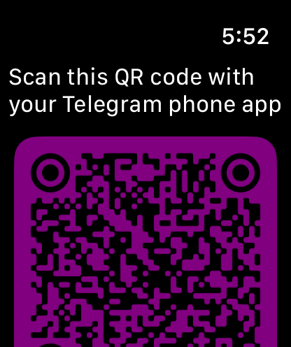 Watchagram - Watchagram login screen on Apple Watch showing a purple QR code to sync with the Telegram phone app.