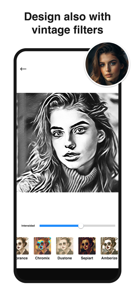 Pencil sketch photo edito - Interfaz de la aplicación editor de fotos de boceto a lápiz que muestra filtros vintage aplicados a un retrato.