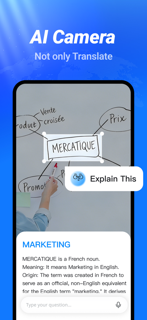 TransGPT - Recurso de câmera de IA do aplicativo TransGPT explicando um termo de negócios francês de um quadro branco