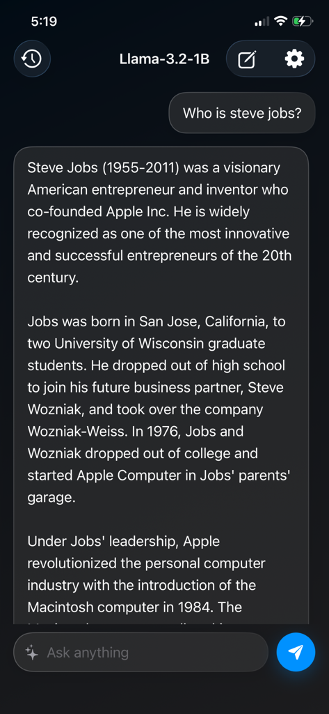Private AI Chat: Pocket LLM - Interface of Private AI Chat app showing an offline response about Steve Jobs generated by the Llama model.