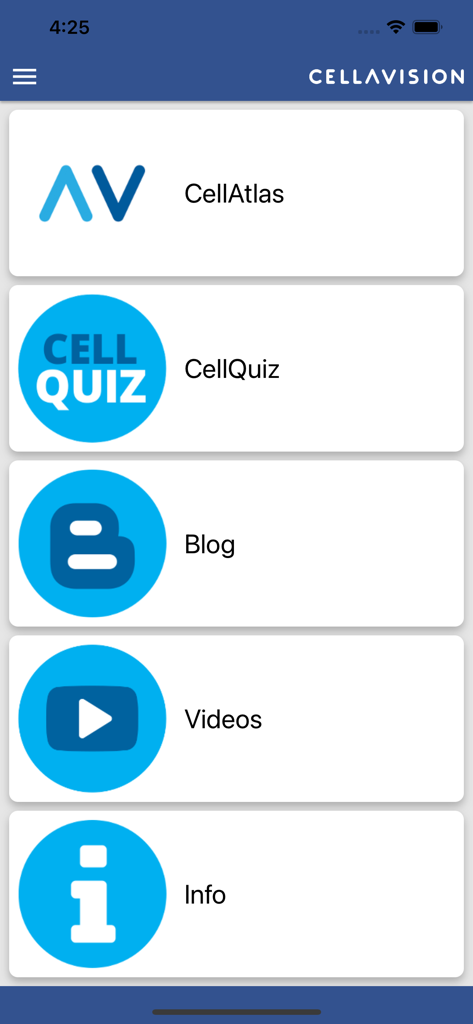 Main menu of the CellAtlas app showing navigation options for CellAtlas CellQuiz Blog Videos and Info
