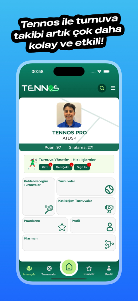 Tennos - Tableau de bord de l'application de tennis Tennos montrant un profil de joueur avec points de classement et options de gestion de tournois