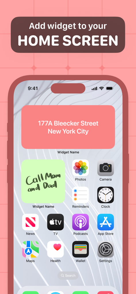 iPhone home screen displaying aesthetic pink and green sticky note widgets for reminders.