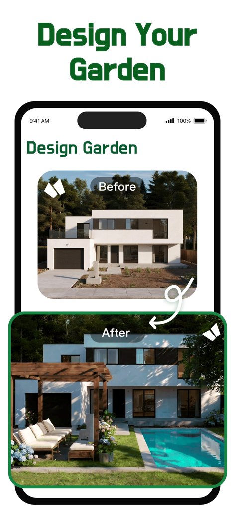 Vorher-Nachher-Vergleich einer Hinterhofumgestaltung, die einen neuen Pool und eine neue Terrasse zeigt, entworfen mit KI.