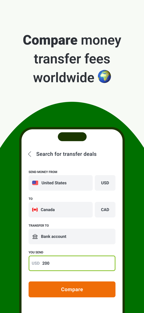 Monito: Money Transfer Deals - Monito app interface showing a search to compare international money transfer fees from the United States to Canada