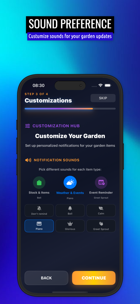 GAG Stocks - A mobile screen showing sound customization options for game notifications in the GAG Stocks app