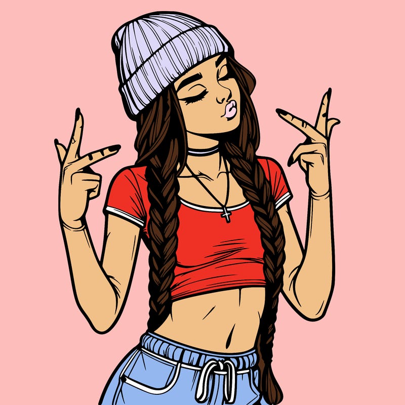realistic teenage girl with braids and a beanie and crop top doing 🫶🏼