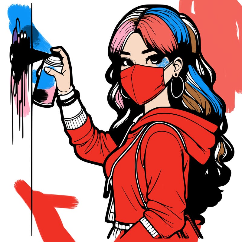 realistic girl with mask spray painting a wall