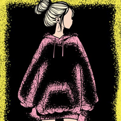 realistic girl with a oversized sweatshirt on and a bun