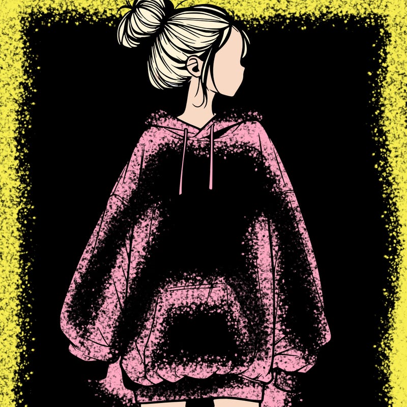 realistic girl with a oversized sweatshirt on and a bun