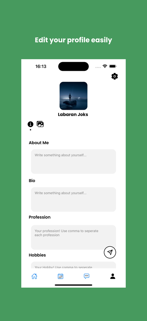 Tegar, an Ajolla App - Tegar-App-Bildschirm, der die Bearbeitung des Benutzerprofils mit Bio- und Berufsfeldern zeigt