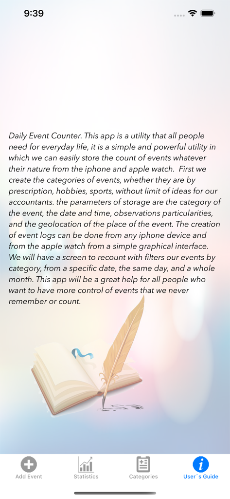 iCounter Daily events counter - The user guide screen of the iCounter Daily events counter app showing a description of the utility and its features.