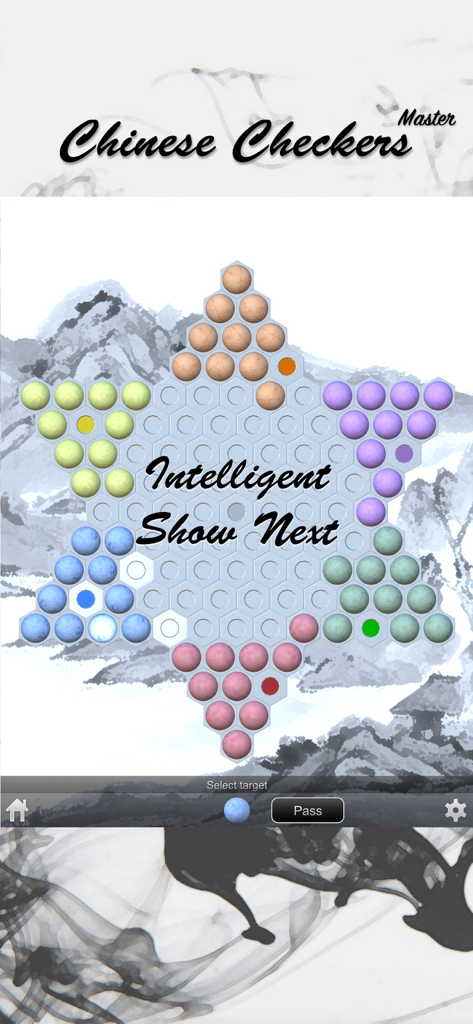 Gameplay interface of Chinese Checkers Master featuring a star shaped board with colored marbles over a traditional Chinese ink painting background.