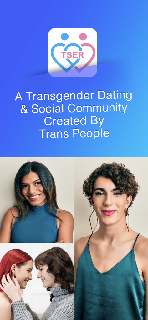 Introductory screen for the Tser app describing it as a transgender dating and social community created by trans people
