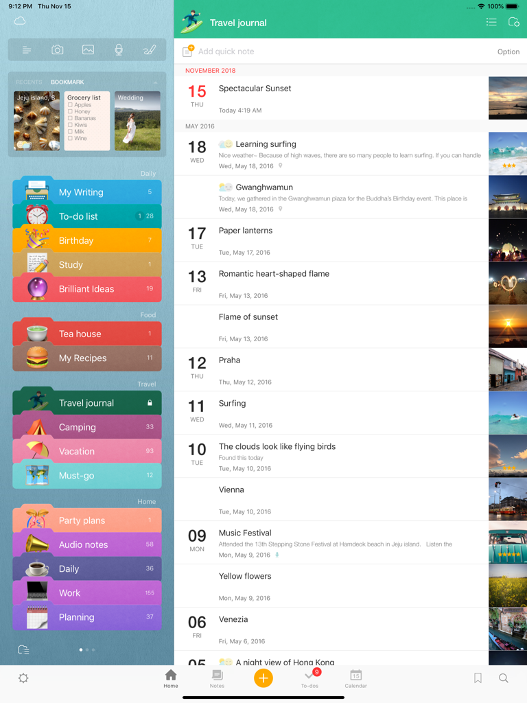Interface of Awesome Note 2 on iPad showing colorful folder categories and a chronological travel journal with photo thumbnails.