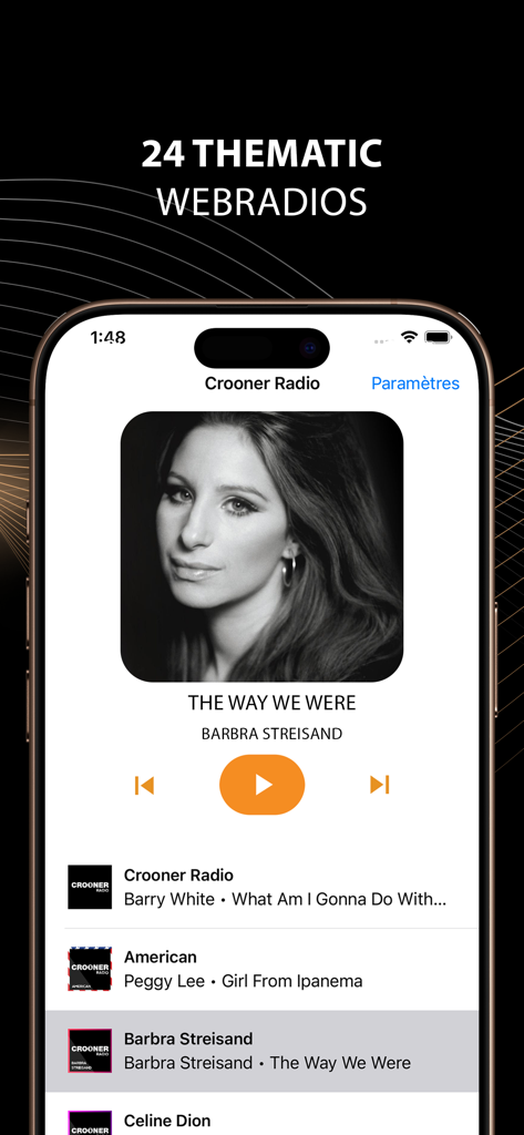 Interface do aplicativo Crooner Radio mostrando um reprodutor de música e uma lista de estações de rádio temáticas