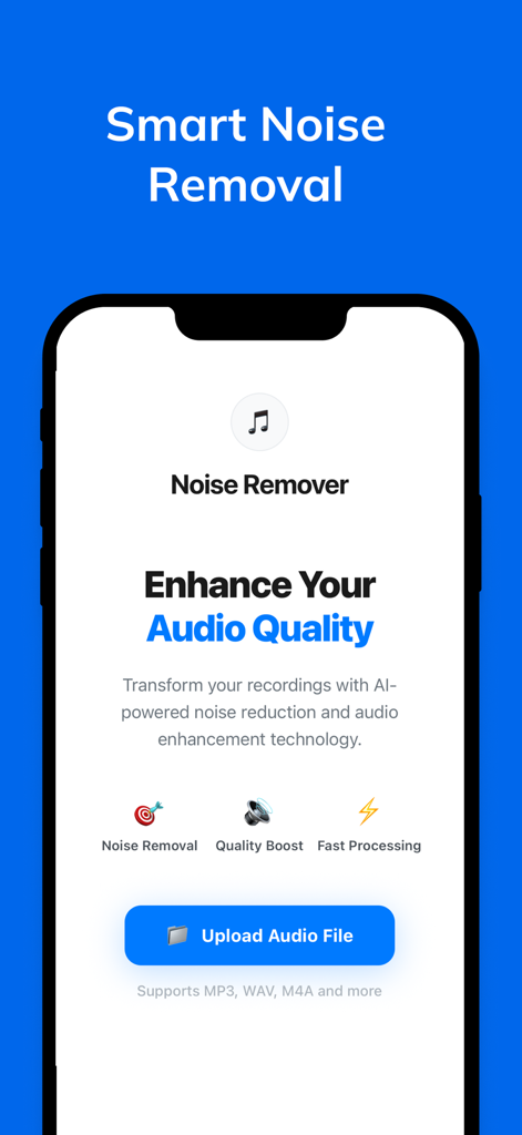 Noise Remover - Noise Remover app interface showing smart noise removal and AI audio enhancement features