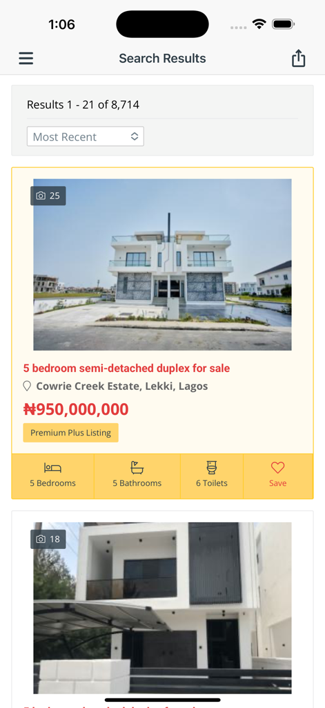 Nigeria Property Centre - Screenshot of the Nigeria Property Centre app showing search results with a luxury 5 bedroom duplex listing in Lekki, Lagos.