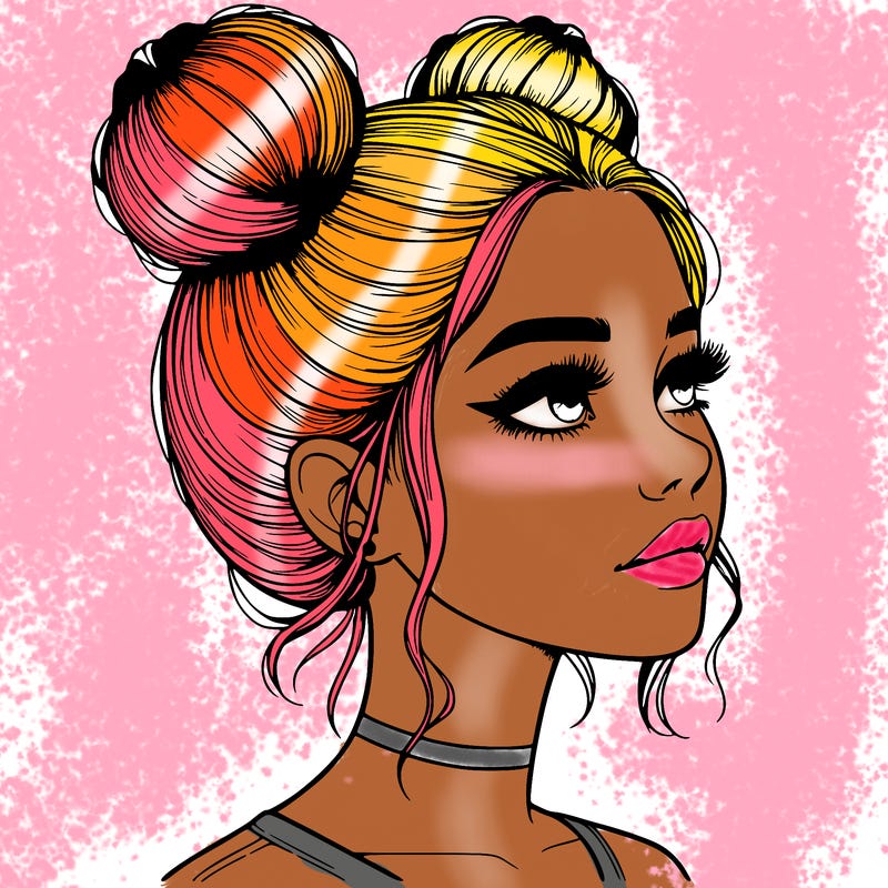 realistic girl with buns on the top of her head