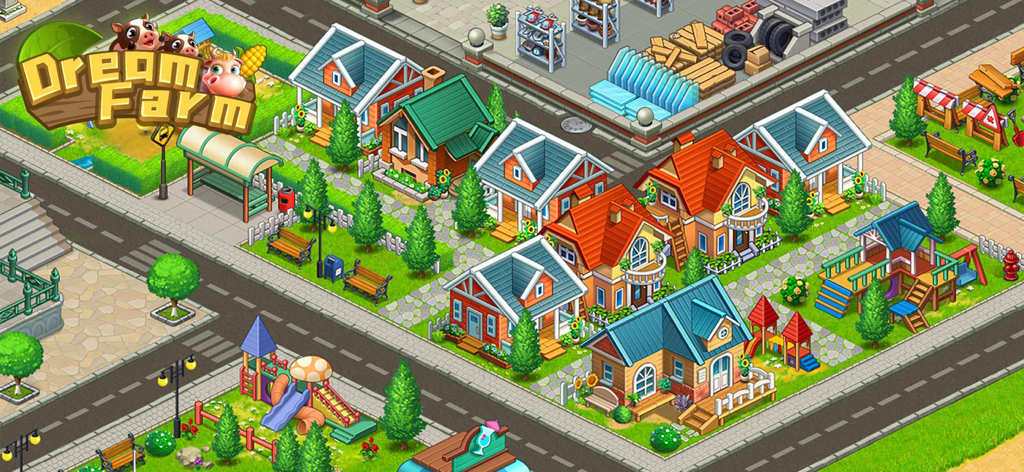 Dream Farm : Harvest Day - Visão isométrica de um layout de cidade colorida com casas e playgrounds em Dream Farm Harvest Day.