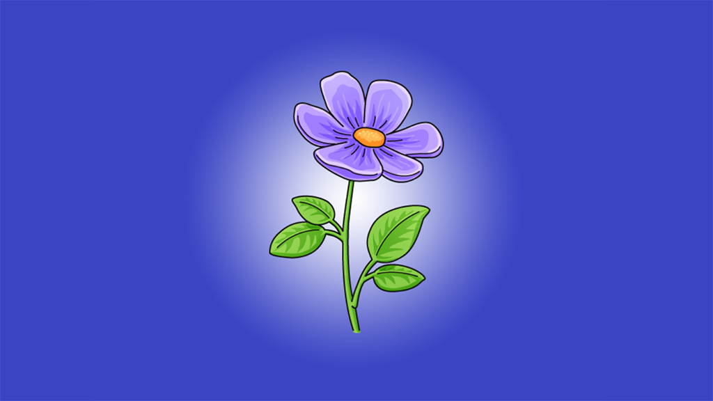 Hippi 1 - A simple purple flower with green leaves on a blue background from the Hippi 1 educational app