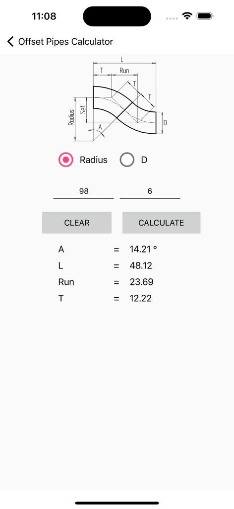 Interface of the Pipe Offset Calculator Pro app showing a pipe diagram and calculated offset measurements.