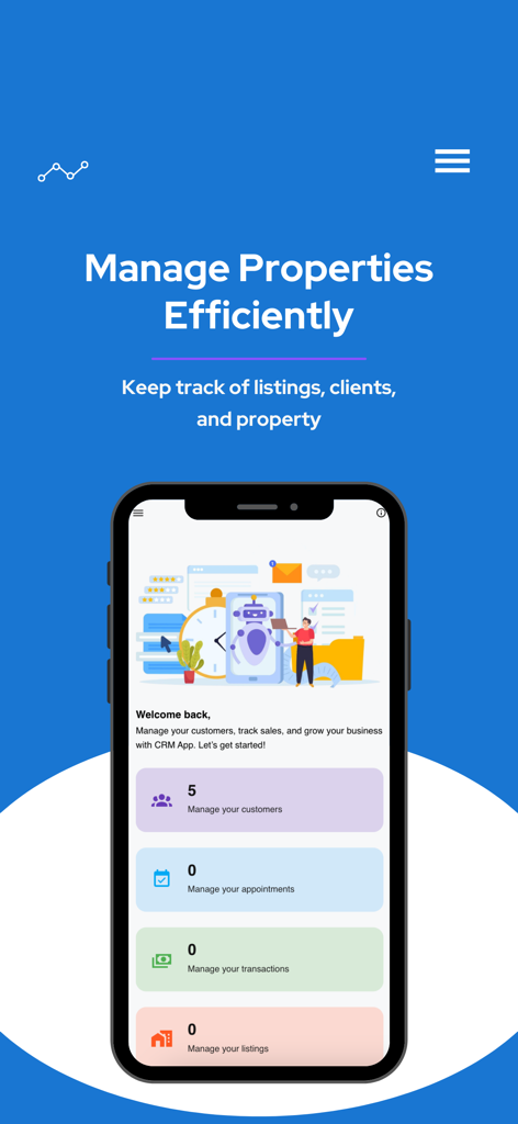 Real Estate CRM Lite - Dashboard der mobilen App Real Estate CRM Lite mit Verwaltungsbereichen für Kunden, Termine, Transaktionen und Angebote