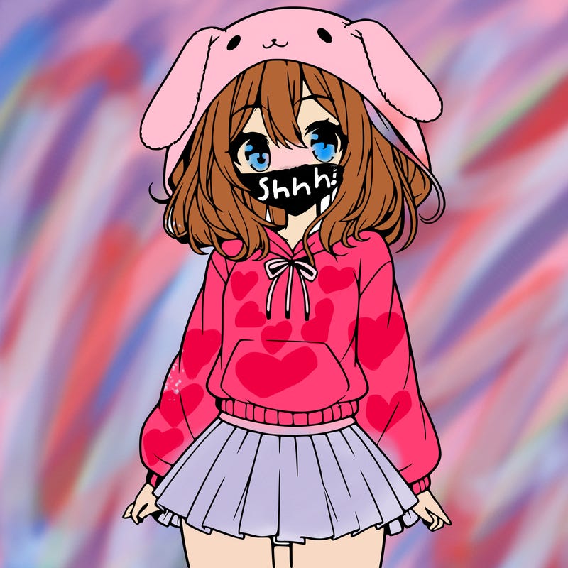 pretty anime girl wearing a fluffy hoodie with bunny ears on the hood and a skirt
