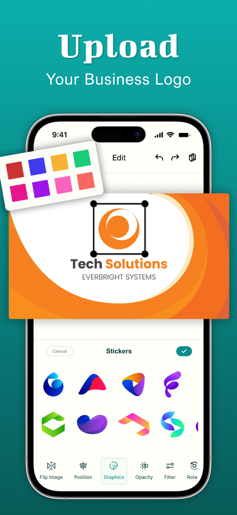 Business Card Maker : Creator - Interface of a business card maker app showing logo upload and graphic sticker selection
