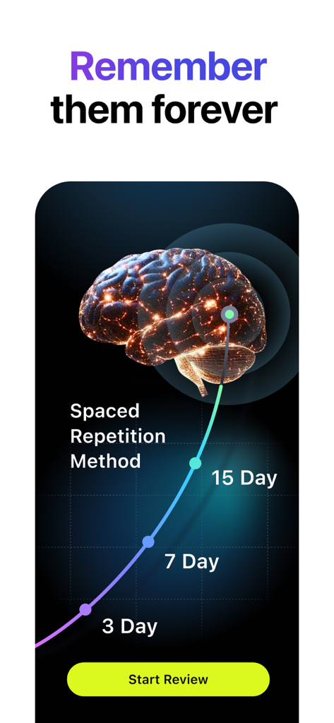 Lola Speak: English Practice - Interface showing the spaced repetition method for English vocabulary memory retention