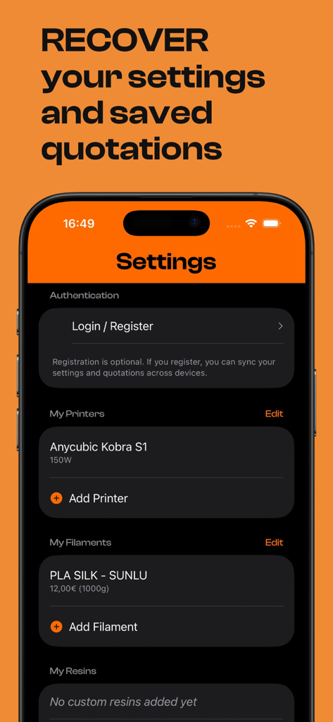 프린터 및 필라멘트 관리를 보여주는 3Dcalc plus 앱의 설정 화면