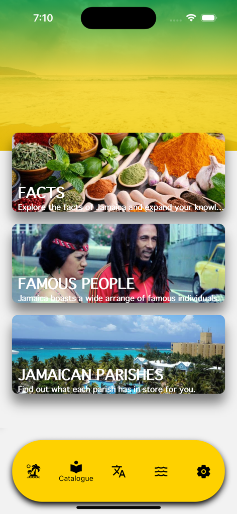 Pantalla del catálogo de la aplicación JamrAAk que muestra tarjetas de datos jamaicanos, personas famosas y parroquias