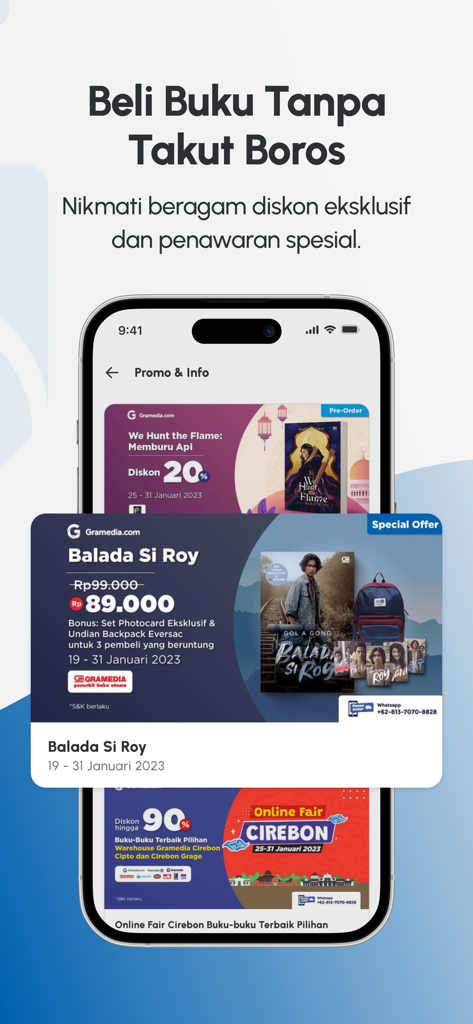 Gramedia app screen showing special offers and discounts on Indonesian books.