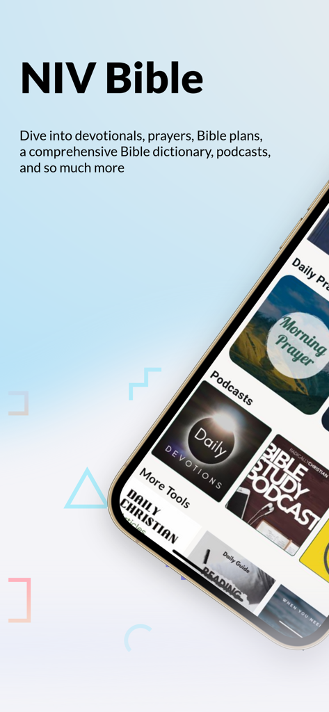 Bible NIV: with study tools - Interfaz de la aplicación Biblia NIV con herramientas de estudio en un teléfono inteligente, que muestra oraciones diarias y herramientas de estudio