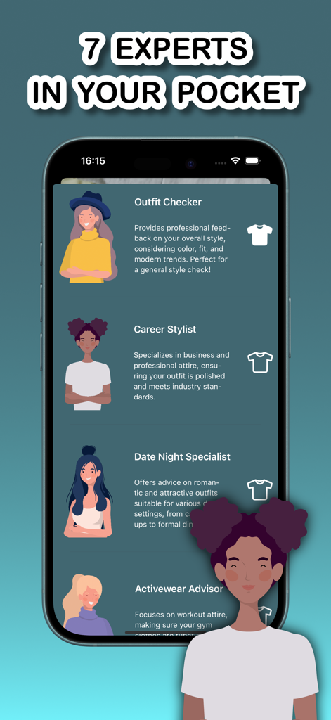 Outfit Checker: AI Scanner - Captura de tela do aplicativo Outfit Checker mostrando vários treinadores de estilo de IA como Personal Stylist de Carreira e Especialista em Noite de Encontro