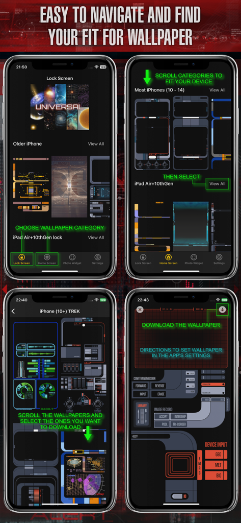 Sci-Fi Themes - Four screenshots showing the user interface and navigation steps for selecting and downloading futuristic wallpapers in the Sci-Fi Themes app.