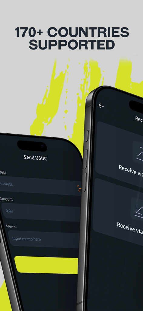 Freedom Pay Wallet - Freedom Pay Wallet interface showing send and receive USDC screens with support for over 170 countries