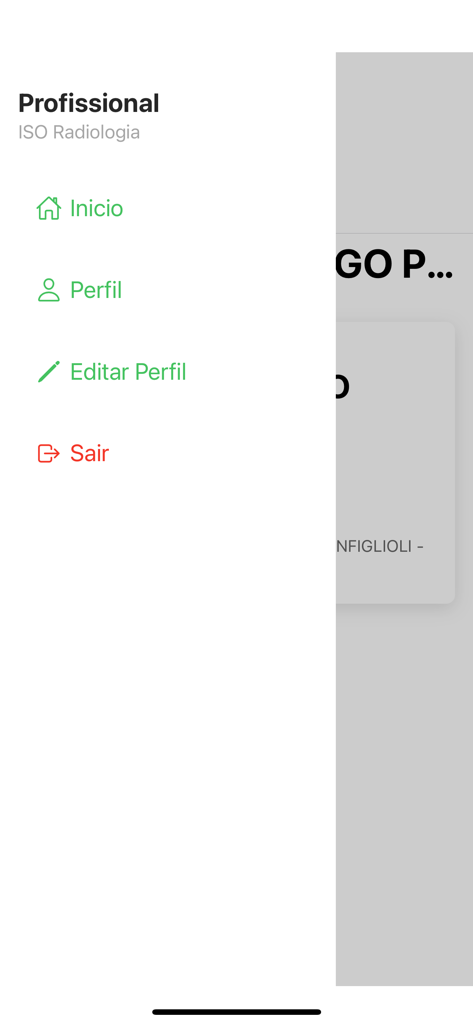 Menu de navegação lateral do aplicativo médico Iso Easy Doc em português