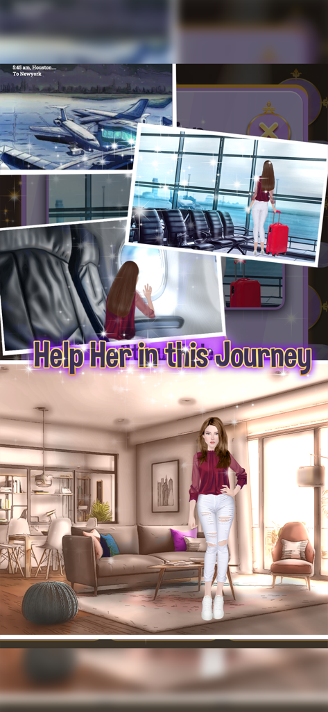 Fashion Makeup Makeover Games - Una mujer comenzando su viaje de transformación de moda con escenas de un viaje al aeropuerto y una elegante sala de estar de apartamento.