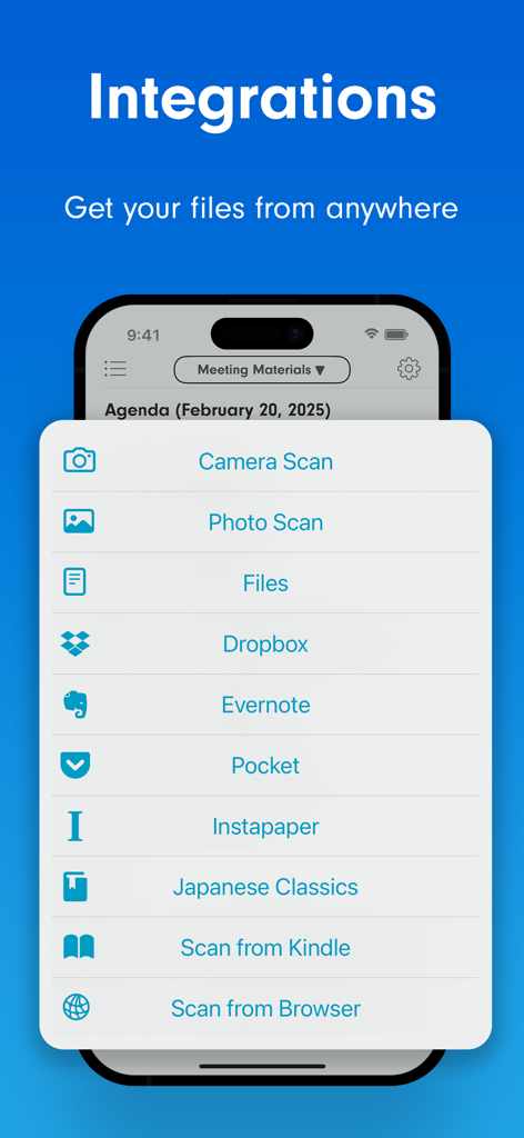 Voicepaper app screen showing file integration options like Dropbox Evernote and Pocket