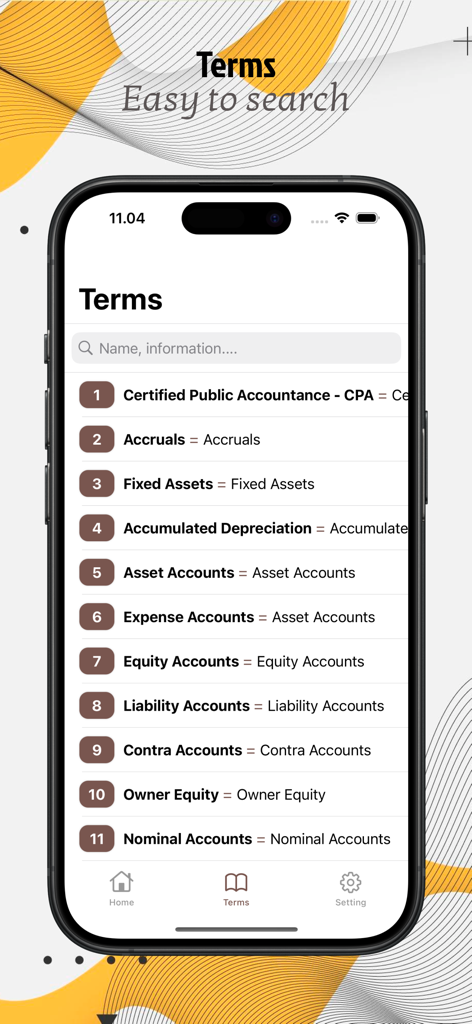 Basic Accounting Learning - A searchable list of accounting terms including CPA, Fixed Assets, and Liability Accounts in the app.