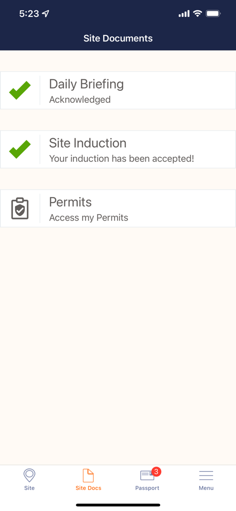 SignOnSite - SignOnSite app interface showing the site documents screen with acknowledged daily briefing and site induction status