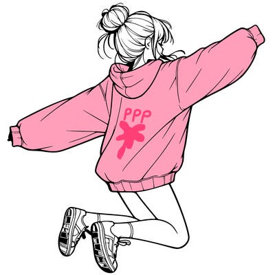 realistic girl jumping with a bun and oversized sweatshirt