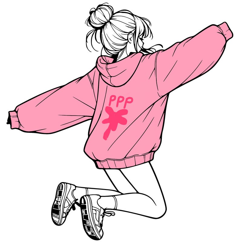 realistic girl jumping with a bun and oversized sweatshirt