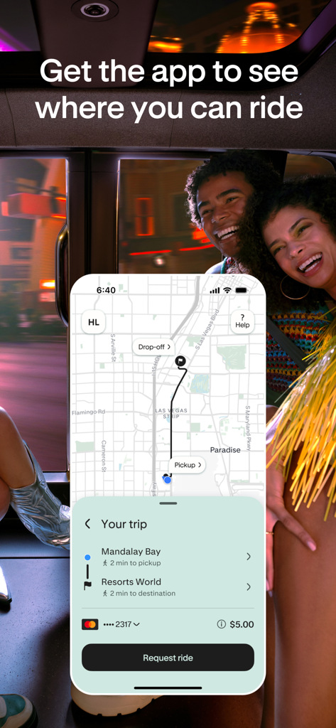 Zoox - The Zoox app interface showing a map of Las Vegas and a ride request for five dollars.