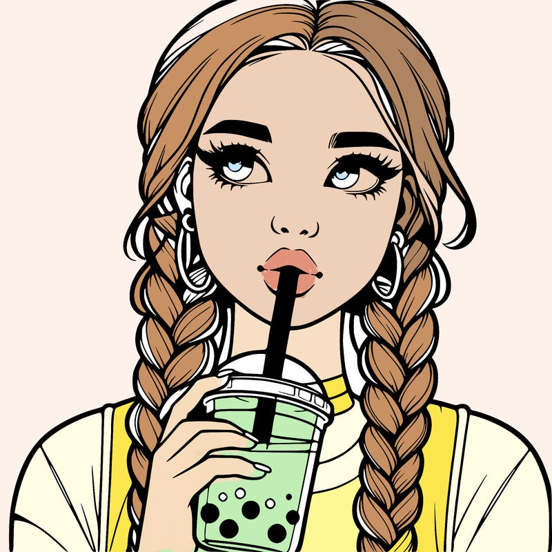 realistic girl with braided hair drinking boba